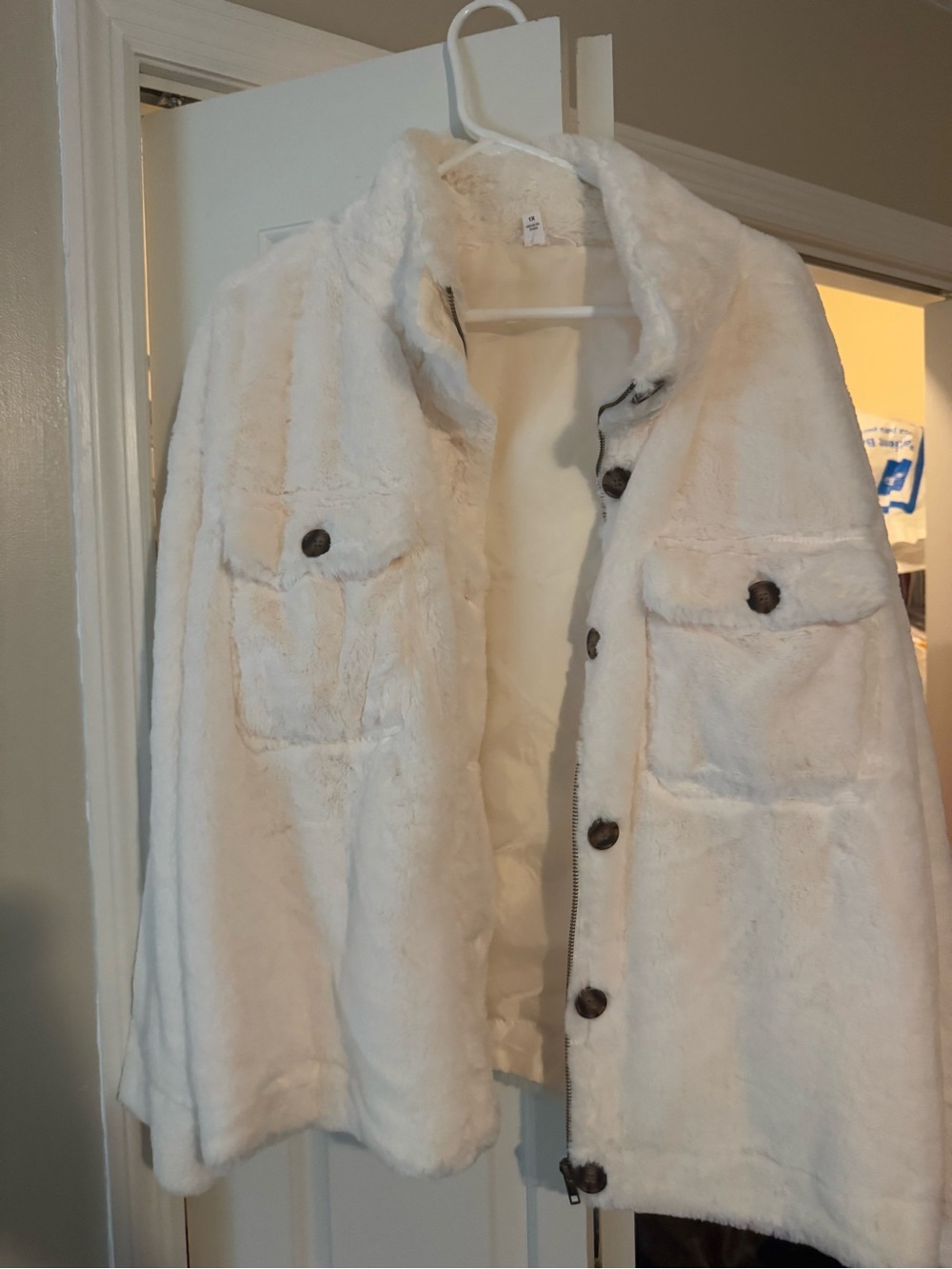 Time and Tru Cream Faux Fur Button-Up Jacket